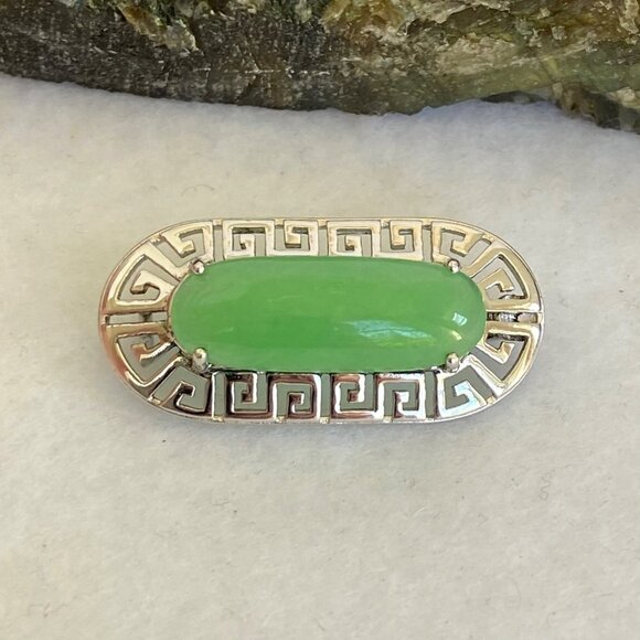 Sterling Silver 925 Oval Green Stone Greek Key Cut Out Brooch - Picture 2 of 16